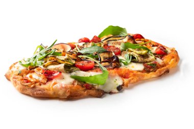 close-up shot of delicious Italian pizza on white