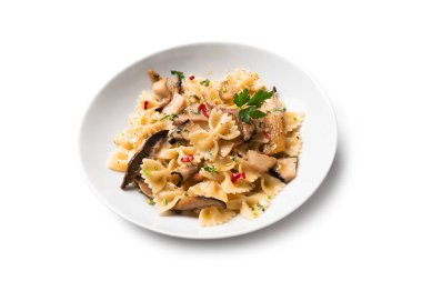 close-up shot of delicious Italian pasta with mushrooms