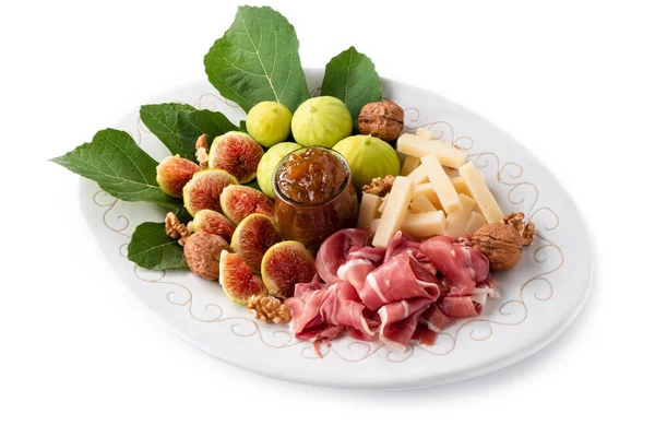 Figs Cheese Prosciutto Walnuts Jam Tasty Appetizers Served White Plate — Stock Photo, Image