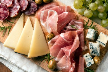 Aperatif antipasti, peynir, jambon dilimleri, üzüm ve zeytinlerle dolu bir tabak. 