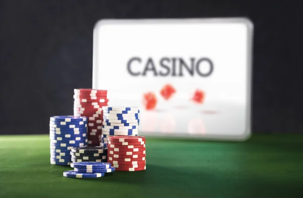 Gambling Internet Casino Online Betting Tablet Computer Laptop Stack Poker — Stock Photo, Image