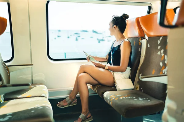 Train Travel Summer Young Woman Rail Trip Europe Railway Passenger — стоковое фото