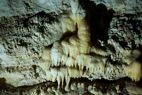Dark Cave View Lumen Stalactites Stalagmites Stone Grotto Colorful Stones — Stock Photo, Image