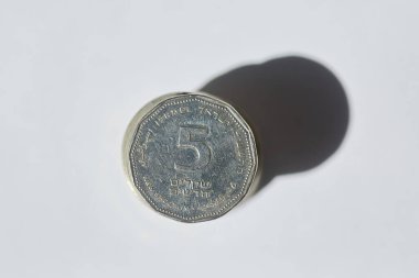 İsrail ülkesinin çeşitli mezheplerinin paraları beyaz bir yüzey üzerindedir. Ekonomi, tasarruf, finans ve bütçe hesaplaması kavramı.