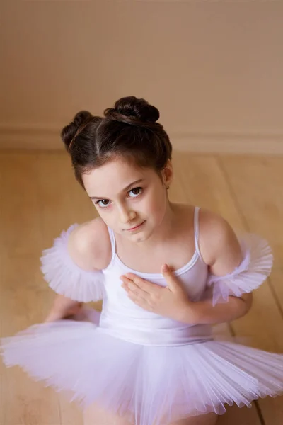 Little Girl Ballerina White Tutu Floor Ballet Class — Stock Photo, Image