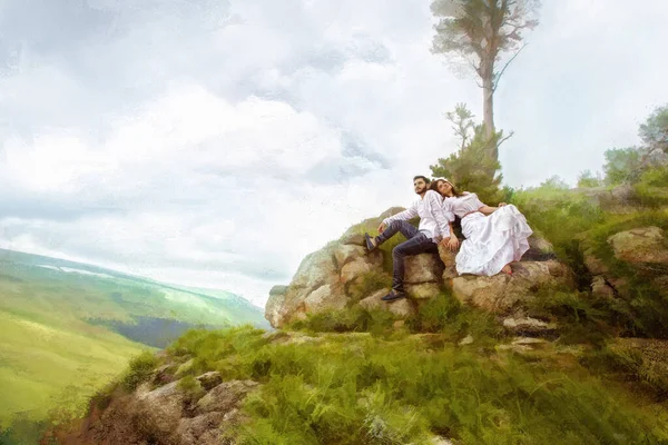 美しい若いカップルの男性と女性は自然です 夫婦の愛と優しさの感じ 山や崖の風景の周り 絵画の下の写真の様式 — ストック写真