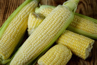 The young cobs of fresh yellow corn on the background of wooden table. Harvest from the organic garden.