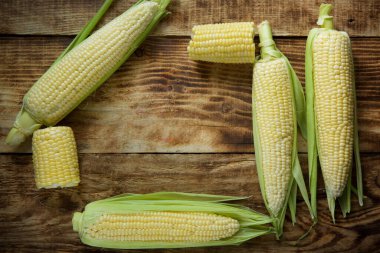 The young cobs of fresh yellow corn on the background of wooden table. Harvest from the organic garden.