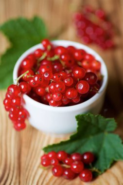 A white Cup is red currants and leaves. Fruits and berries of the summer season. 