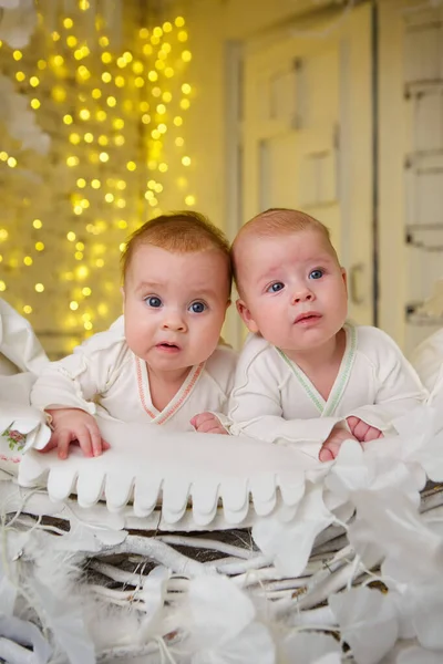 Two Little Newborn Baby Boy Girl Lying White Clothes Bright — Zdjęcie stockowe
