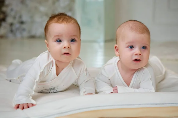 Two Little Newborn Baby Boy Girl Lying White Clothes Light — Zdjęcie stockowe