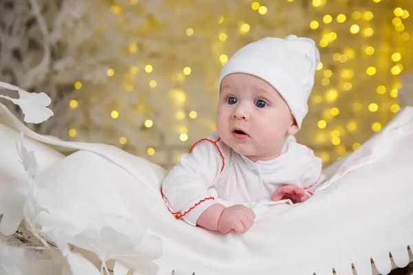 Little Newborn Baby Boy Lying White Clothes Bright Background — Photo