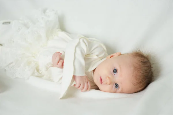 Little Newborn Baby Girl Lying White Clothes White Blanket Background — Photo