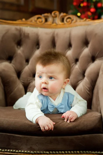 Baby Boy Sitting Elite Sofa Concept Upbringing Childhood — Zdjęcie stockowe
