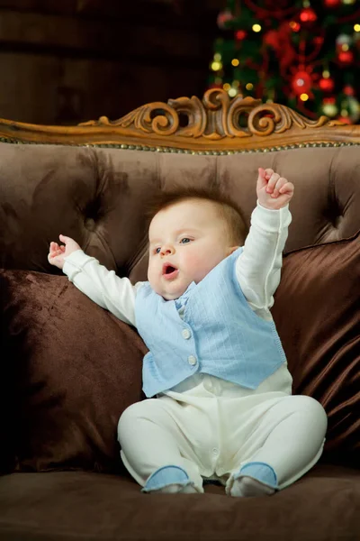Baby Boy Sitting Elite Sofa Concept Upbringing Childhood — Zdjęcie stockowe