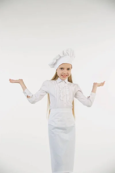 Fille Âge Scolaire Habillée Cuisinière Blanc Sujet Autonome Concept Profession — Photo