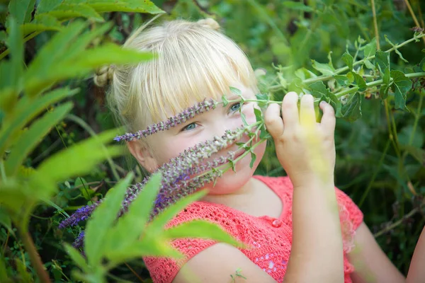 Girl Blonde Tall Flowering Herbs Summer Looking Forward Purple Flowers — Stock Photo, Image