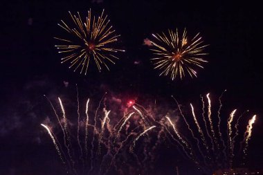 Karanlık gökyüzüne karşı parlak renkli havai fişekler.