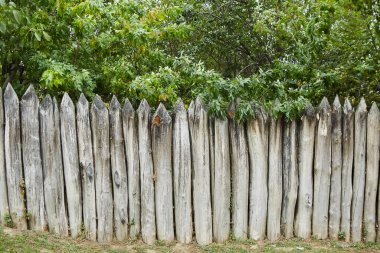 Tahta odunlardan yapılmış eski bir çit, istilacılara karşı savunma için tasarlanmış. Bölgeyi korumak için kazıkların tepesi keskinleştirildi..
