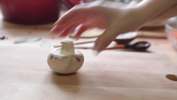 Eine Frauenhand legt Pilze auf den Tisch. Das Konzept des Kochens und Rezepte.