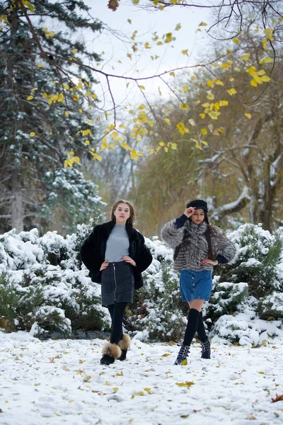 Dwie Dziewczyny Modnych Zimowych Ubraniach Stoją Tle Zimowego Krajobrazu Śniegiem — Zdjęcie stockowe