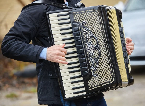Erkek Bir Müzisyenin Elindeki Müzik Aleti Akordeonu Kültür Sanat Kavramı — Stok fotoğraf