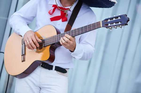 Ακουστική Κιθάρα Έγχορδα Μουσικά Όργανα Στα Χέρια Ενός Αρσενικού Μουσικού — Φωτογραφία Αρχείου