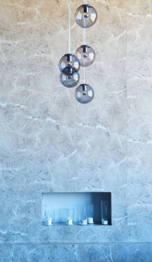 Sahte şömineli granit ya da mermer bir duvar. Duvarın boşluğunda mumlar var. Modern avizeler. Çatı katı tarzı iç tasarım.