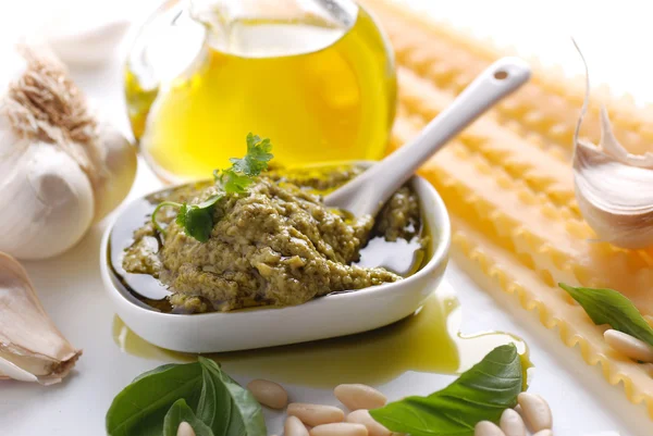 Genovese pesto sauce in white bowl — Stock Photo, Image