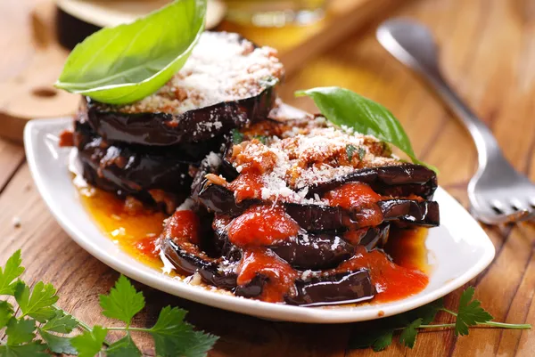 Eggplant parmesan in the dish — Stock Photo, Image