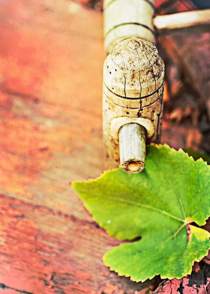 Wine cask and grapes leaf, retro colors, paper grain — Stock Photo, Image