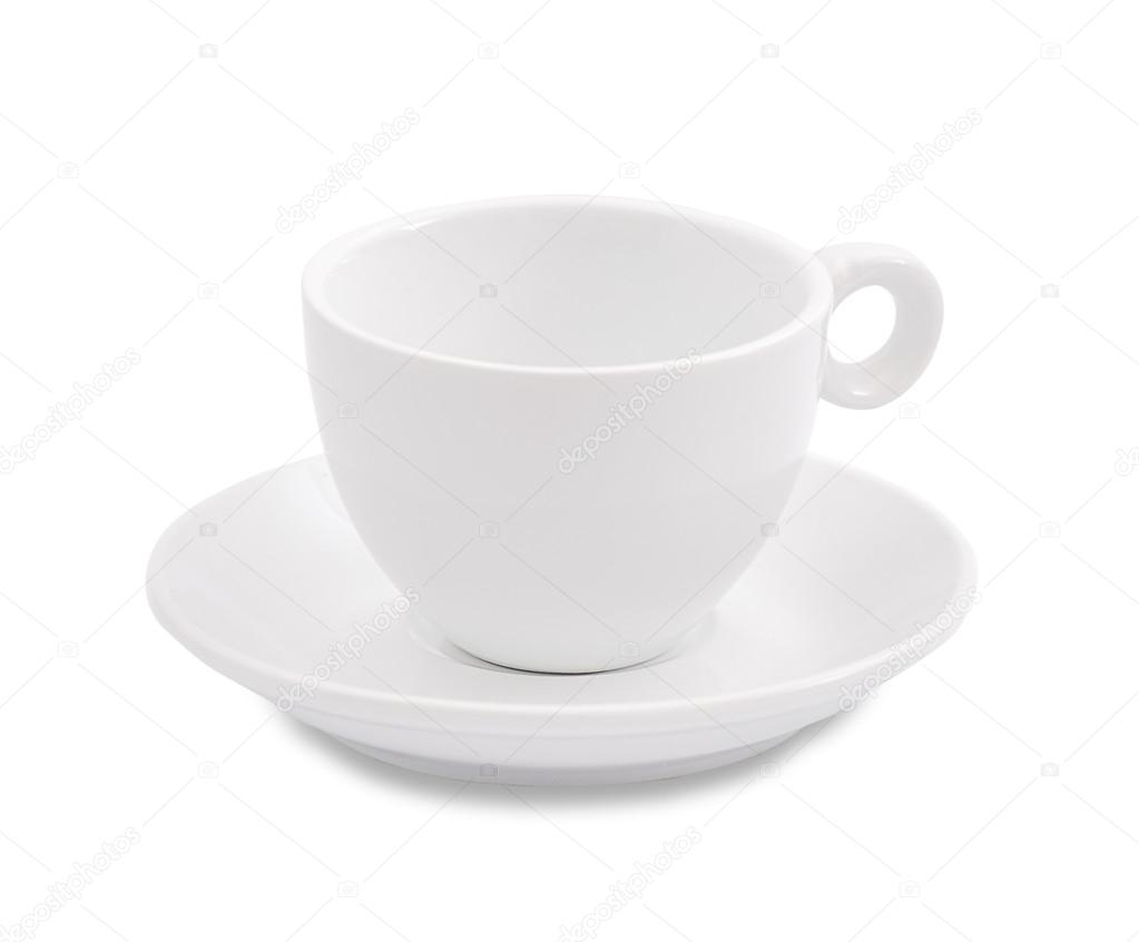 White coffee cup and saucer on white background