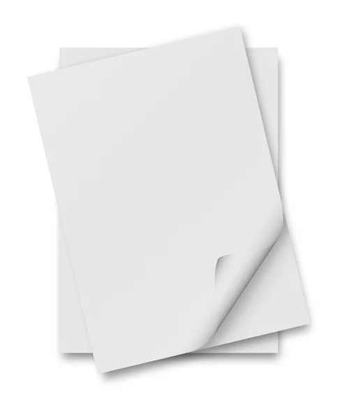 Close up of stack of papers with curl on white background — Stock Photo, Image