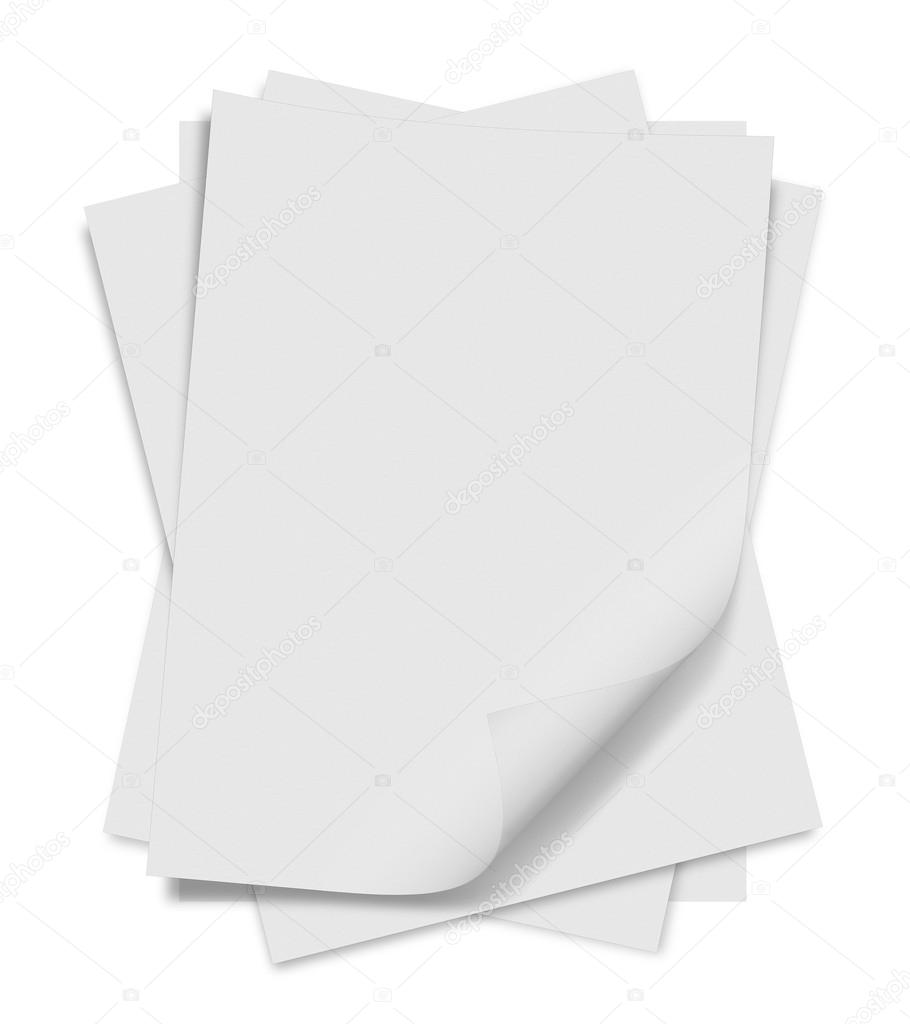 close up of stack of papers with curl on white background