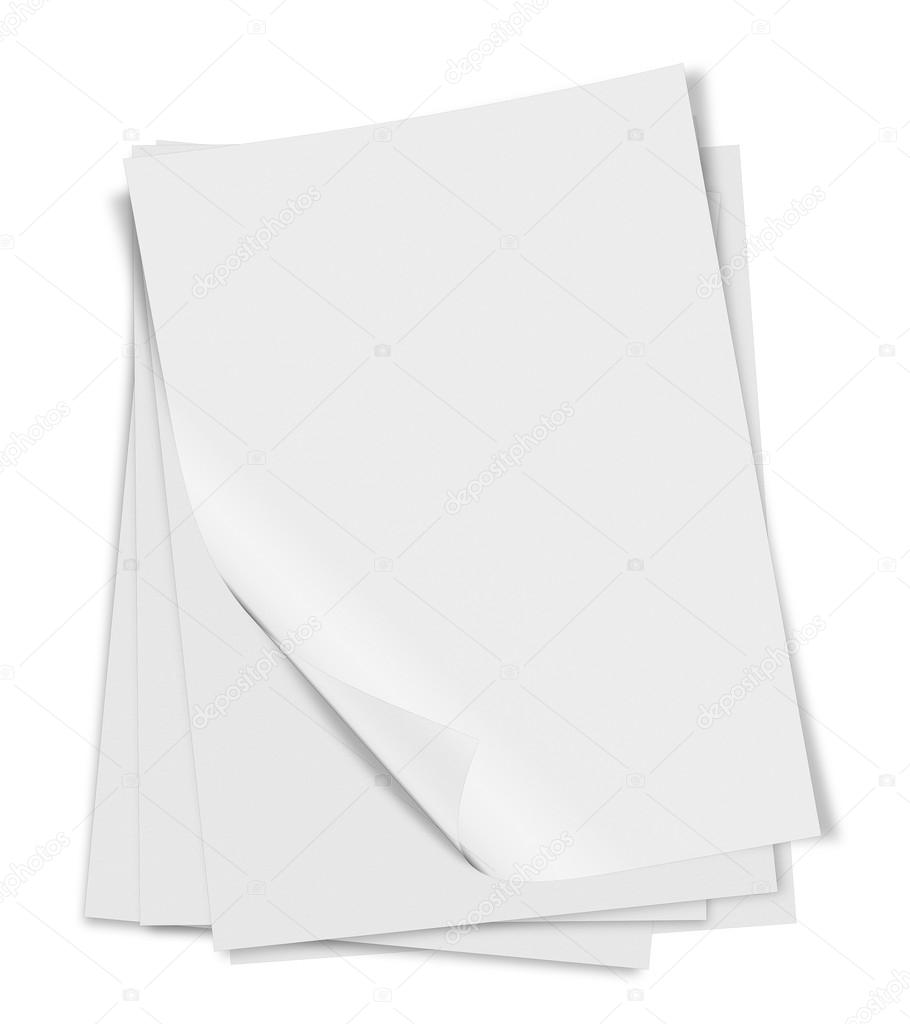 close up of stack of papers with curl on white background