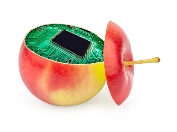 Cut apple inside with electronic circuit — Stock Photo, Image