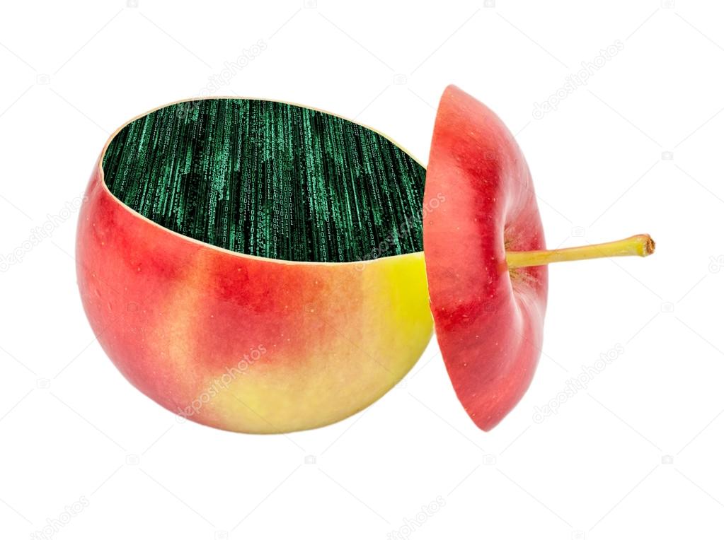 cut apple inside with Green binary code