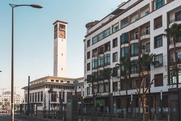 Casablanca Marrocos Fevereiro 2022 Vista Antiga Torre Relógio Estação Bondes — Fotografia de Stock