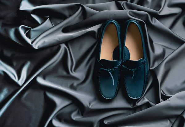 Elegant Men Shoes Satin Cloth Textile Top View — Stock Photo, Image