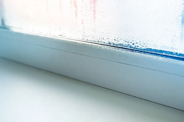 Vidros Mistos Pvc Com Condensação Sudorese Janelas Plástico Fundo — Fotografia de Stock