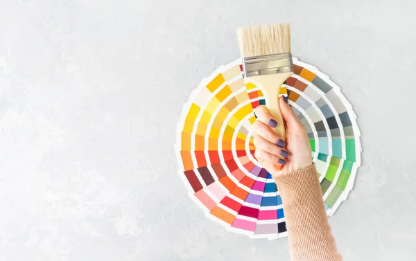 室内设计理念与女性手握刷子的色彩调色板风扇 带有复制空间的背景 — 图库照片