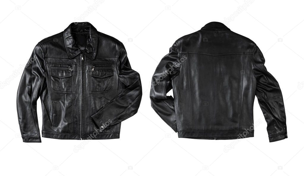 Black leather jackets isolated on white. Front and back views.