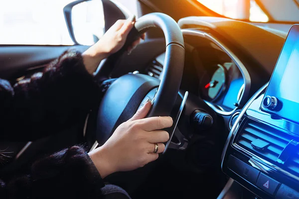 Woman Driving Car Background Female Hands Holding Steering Wheel — Foto Stock