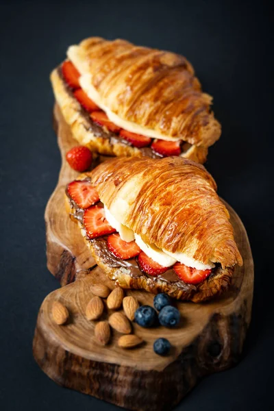 Two Fresh French Croissants Filled Chocolate Fruits Lie Pear Wood — Fotografia de Stock