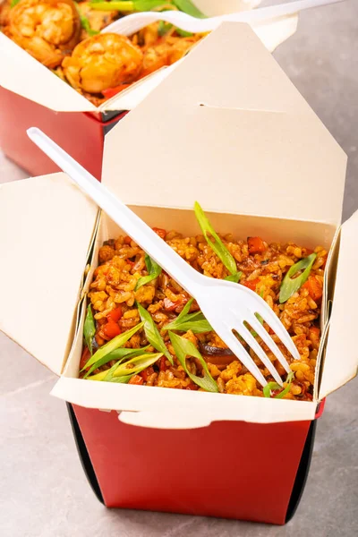 Wok Boxes Glass Noodles Rice Vertical Composition — ストック写真