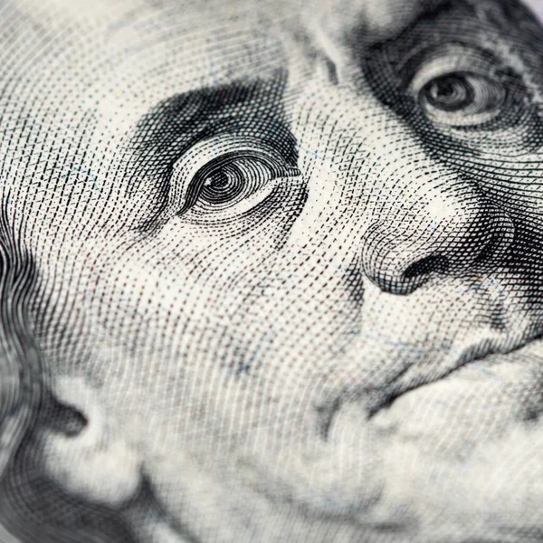 Retrato Benjamin Franklin Billete Cien Dólares Fotografía Macro Fotografía Cuadrada — Foto de Stock