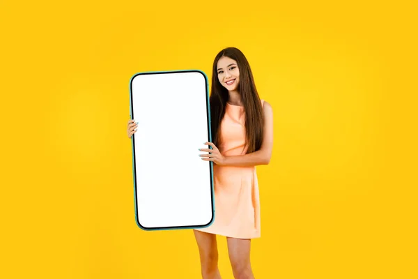 Beautiful Young Asian Woman Holding Big Blank Smartphone White Screen — Stockfoto