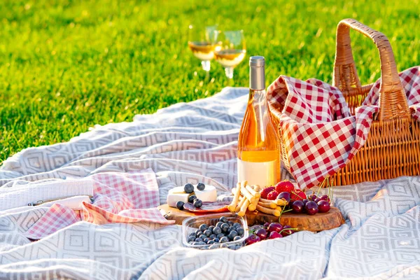 Picnic Setting Meadow Picnic Basket Wine Berries Jamon Cheese Bread — Photo