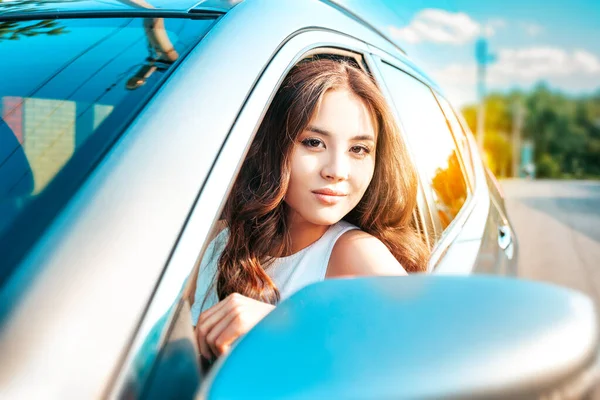 Pretty Asian Woman Portrait Close Beautiful Asian Girl Driving Her — Foto Stock