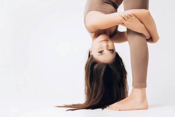 Yoga Stretching Workout Background Copy Space Beautiful Yogi Asian Girl — 스톡 사진